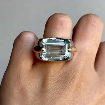 Minimalist 14ct Emerald Cut Blue Sapphire Cocktail Ring in Rose Gold and Silver-JEWELBUYS