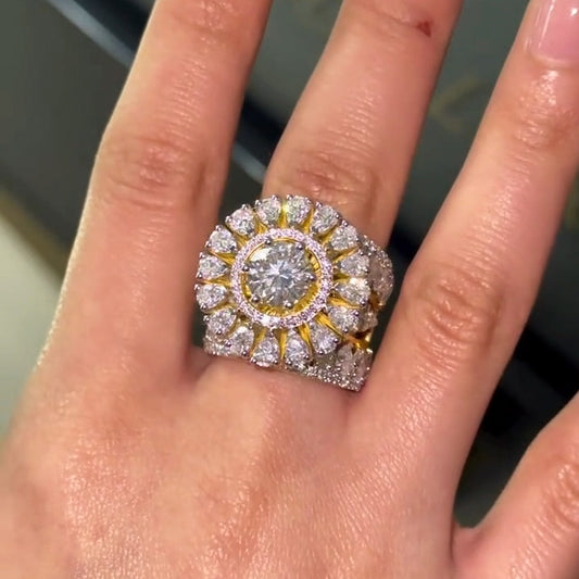 5.3Ctw Round and pear-shaped cut sapphire ring with blooming flowers- JEWELBUYS