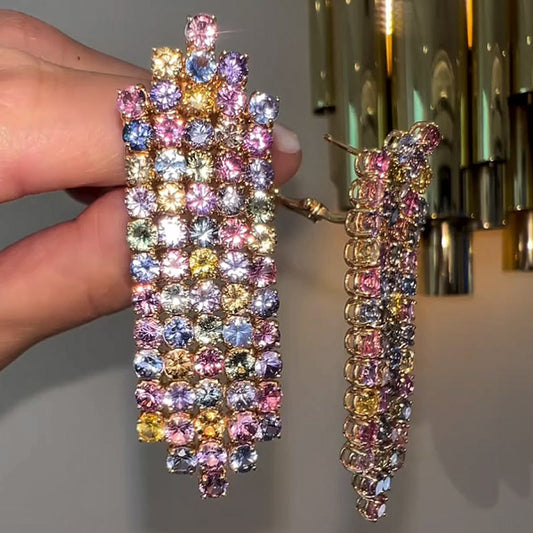 10ctw Magical Colorful Sapphire Linear Stone Dangle Earrings-JEWELBUYS