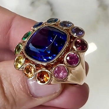 7.53 Ctw Cushion Cut Blue Gemstone and Mixed Color Sapphire Ring-JEWELBUYS
