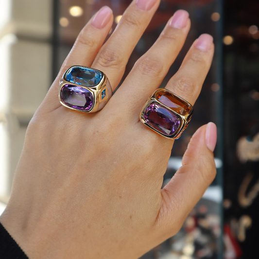 Unique 12 ctw Cushion Cut Blue & Purple & Yellow Gemstone Two Stone Cocktail Ring -JEWELBUYS