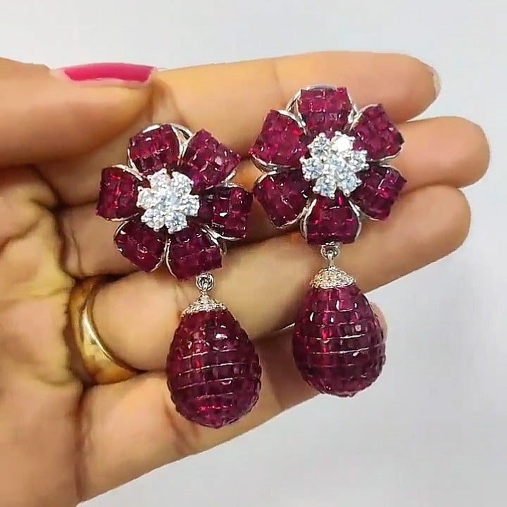 6.0Ctw Square Cut Ruby Flower Dangle Earrings-JEWELBUYS