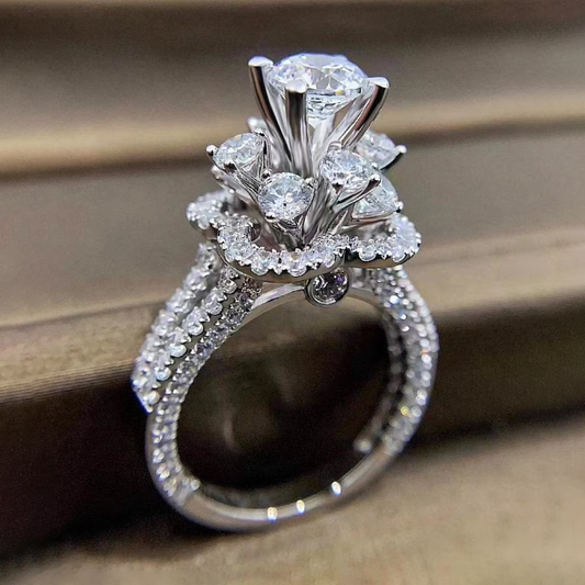 Elegant 3 ctw Round Cut White Gemstone Bouquet Engagement Ring -JEWELBUYS