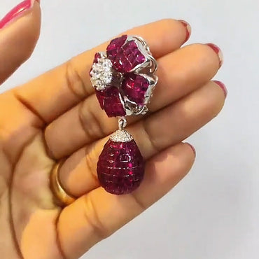 6.0Ctw Square Cut Ruby Flower Dangle Earrings-JEWELBUYS