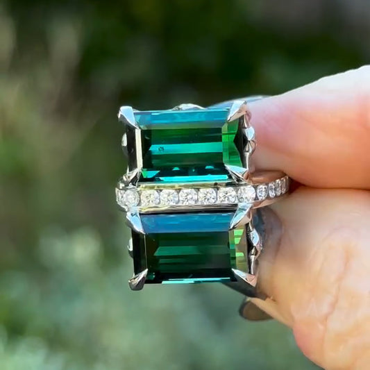 5ctw Emerald Cut Green Tourmaline Double Stone Interesting Ring-JEWELBUYS