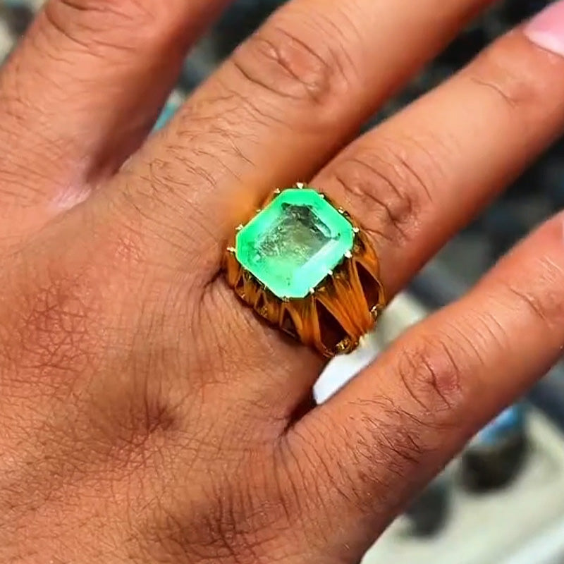 4.45Ct Octagon Emerald and Sapphire Vintage Style Hollow Ring-JEWELBUYS