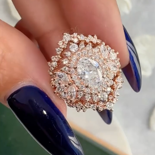 Art Deco Design 6ct Oval Cut White Sapphire with Double Halo Unique Women's Engagement Ring in Rose Gold-JEWELBUYS