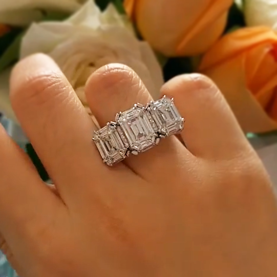 Gorgeous 14 ctw Emerald Cut White Gemstone Three Stone Engagement Ring -JEWELBUYS