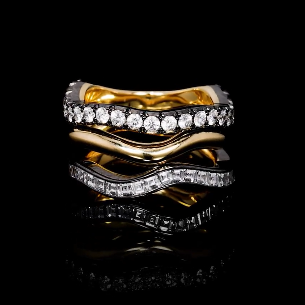 3ctw White Sapphire Round & Trapezoidal Cut Black Golden Triple Band Ring - JEWELBUYS