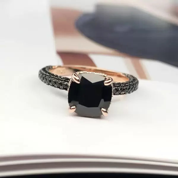 Personalized 3ct Cushion Cut Black Sapphire Engagement Ring-JEWELBUYS