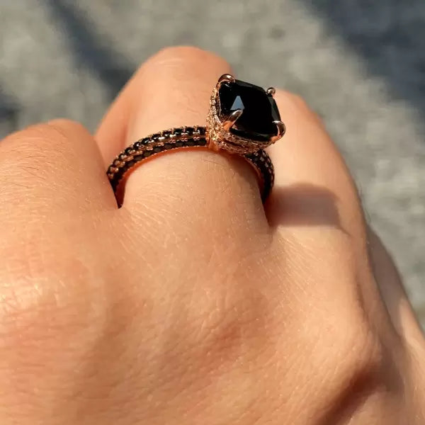 Personalized 3ct Cushion Cut Black Sapphire Engagement Ring-JEWELBUYS