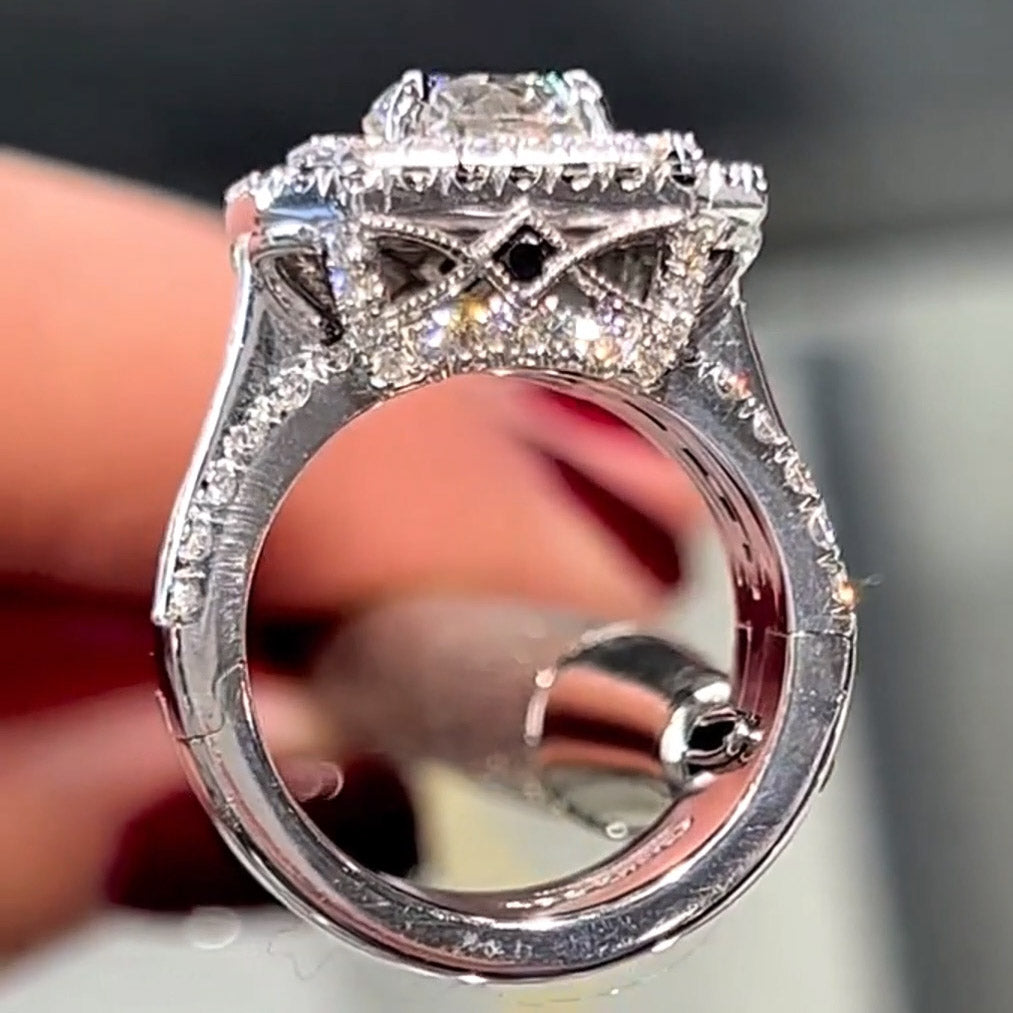 6.2Ctw Round Cut Black and White Sapphire Square Halo Engagement Ring-JEWELBUYS