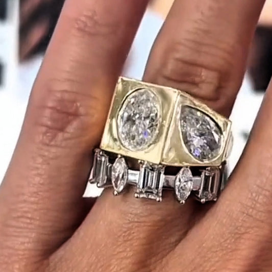 Exquisite 7.45ctw Oval & Pear Cut White Sapphire Bezel Setting Women's Engagement Ring in Gold-JEWELBUYS