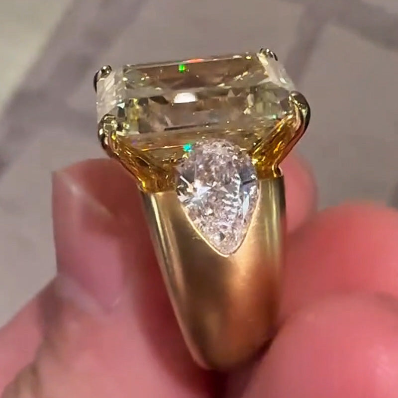 8Ct Emerald and Pear-Cut Three-Stone Yellow Sapphire Engagement Ring-JEWELBUYS