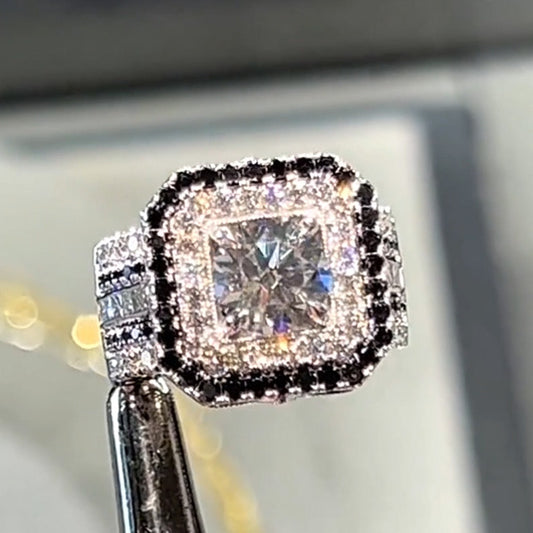 6.2Ctw Round Cut Black and White Sapphire Square Halo Engagement Ring-JEWELBUYS