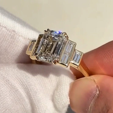3.5Ctw Emerald Cut Baguette Side Stone Step Engagement Ring-JEWELBUYS