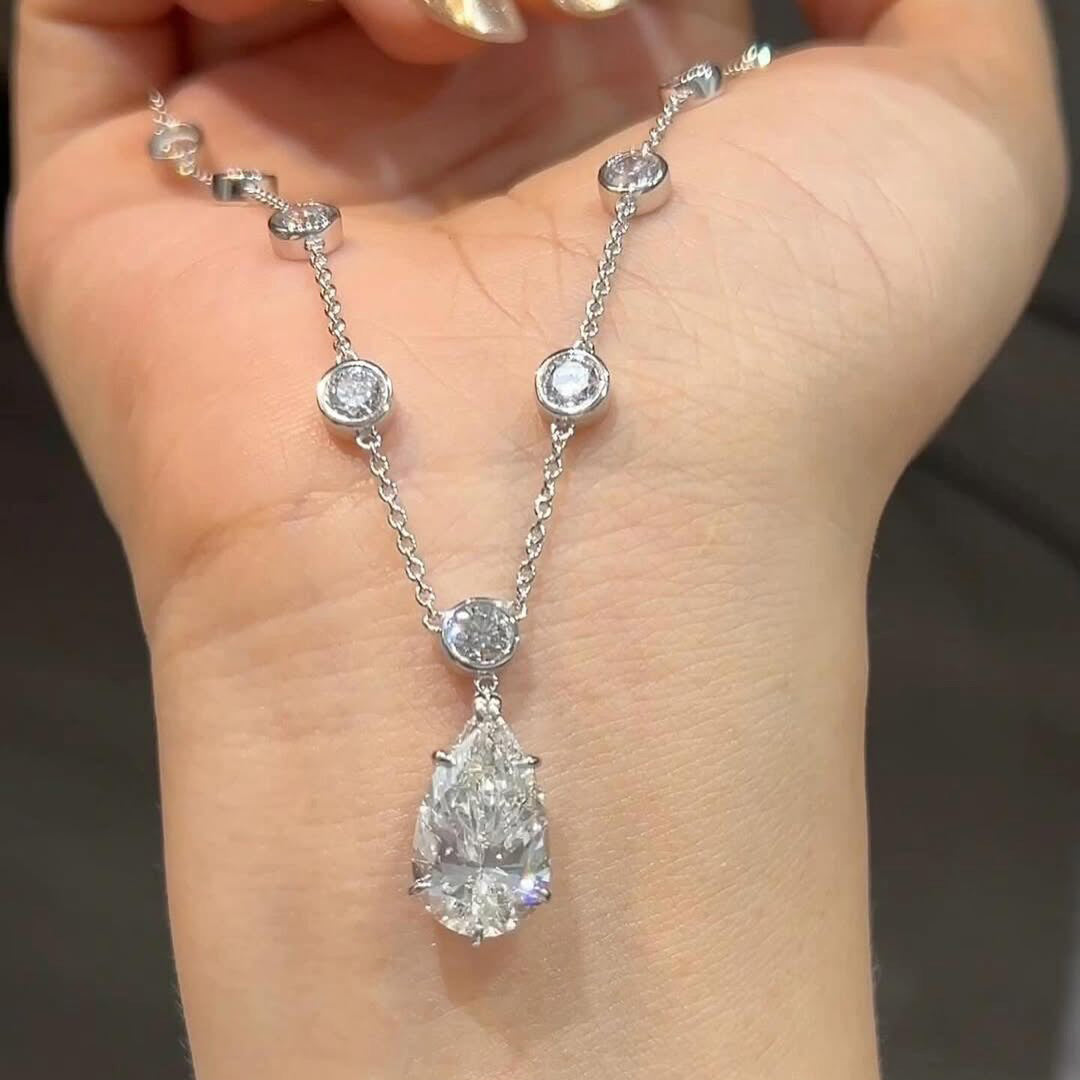 5ct Pear Cut Small Round White Sapphire Pendant Necklace-JEWELBUYS