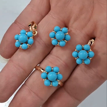 Elegant Turquoise Flower Ring, Earrings, and Pendant Set-JEWELBUYS