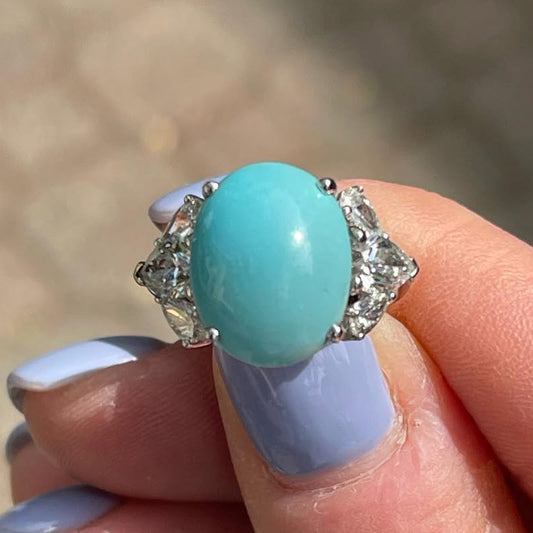 7.51Ctw Cabochon sky blue turquoise and sapphire ring-JEWELBUYS