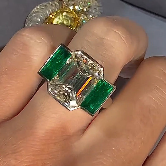 4.56ctw Emerald-Cut White and Green Sapphire 3-Stone Ring-JEWELBUYS