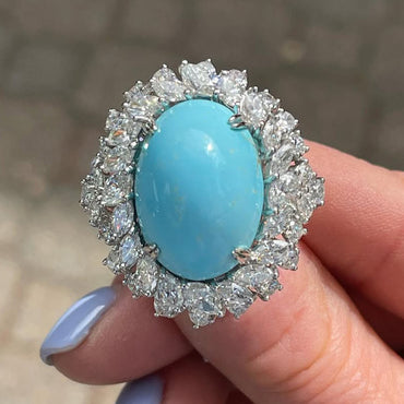 5.83Ctw Cabochon Blue Turquoise and White Sapphire Ring-JEWELBUYS
