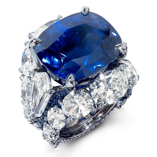 15.58Ctw Exceptional Cushion Cut Blue Sapphire 3-Piece Stacking Ring-JEWELBUYS