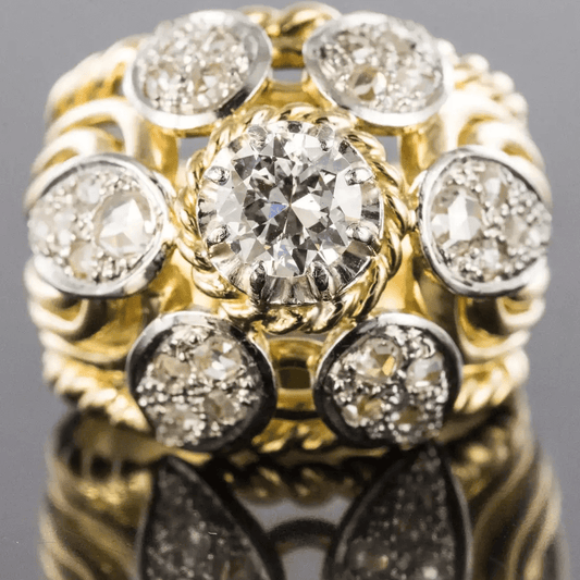 French Vintage 7ct Round Cut White Sapphire Yellow Gold Thread Dome Ring-JEWELBUYS