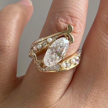 Vintage 4ct Oval Cut White Sapphire and Sided Round Cut Stones with Pearl Women's Engagement Ring in Gold-JEWELBUYS