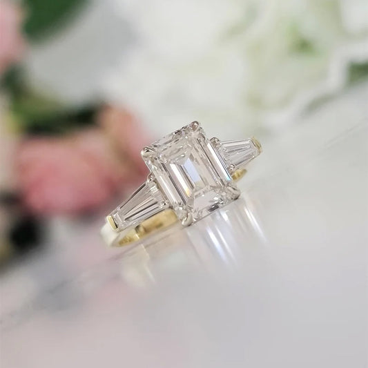 3Ctw Emerald Cut Three Stone White Sapphire Engagement Ring-JEWELBUYS