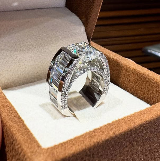 8.13ctw Cushion and Baguette Cut White Sapphire Fine Engagement Ring-JEWELBUYS