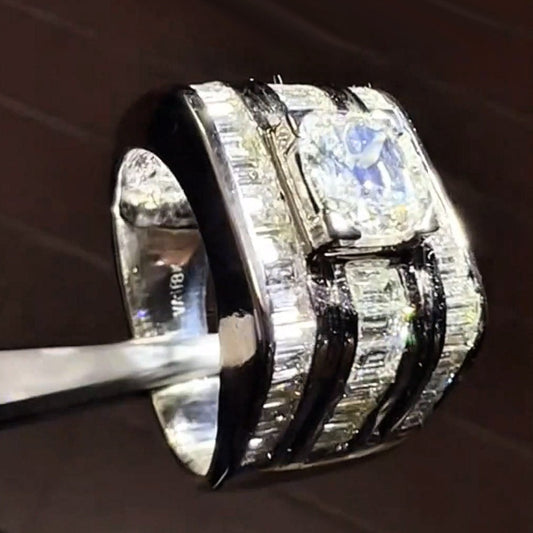 7ctw Cushion and Baguette Cut Triple Row Gemstone Engagement Ring -JEWELBUYS