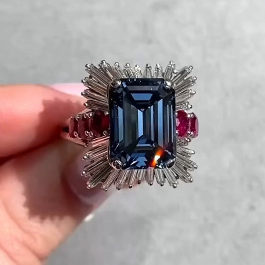 6.24Ctw Emerald Cut Sapphire and Ruby Ballet Ring-JEWELBUYS