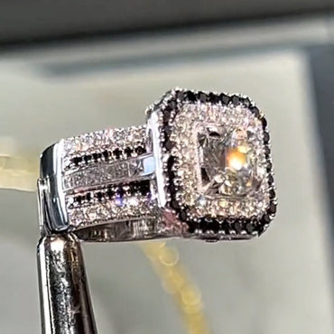 6.2Ctw Round Cut Black and White Sapphire Square Halo Engagement Ring-JEWELBUYS