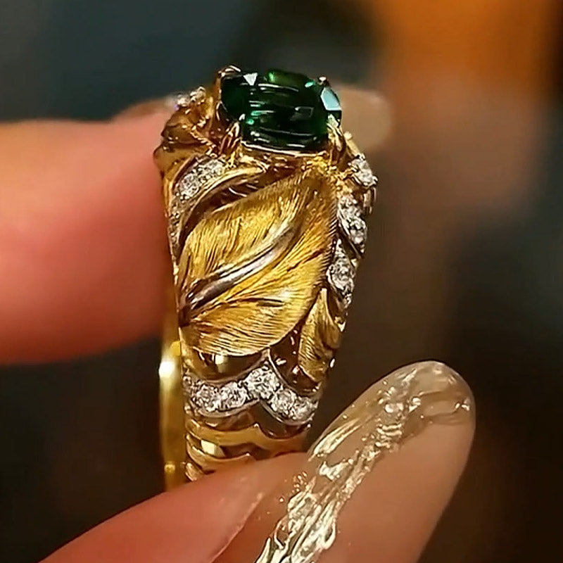 3.3CT Cushion Cut Emerald Vibrant Leaf Shape Engagement Ring-JEWELBUYS