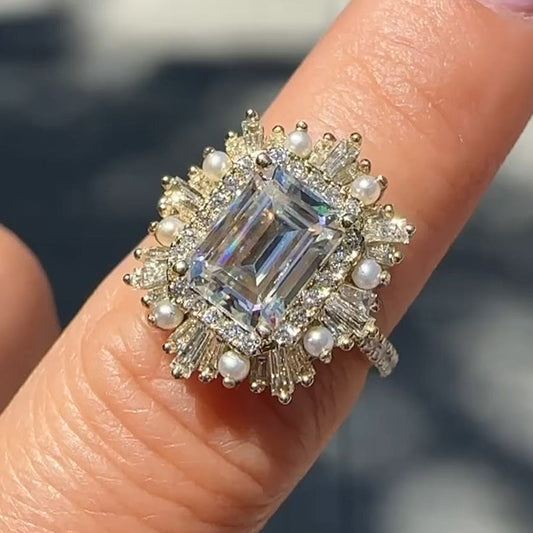 5.6ct Pearl Embellished Emerald Cut Diamond Ring - JEWELBUYS