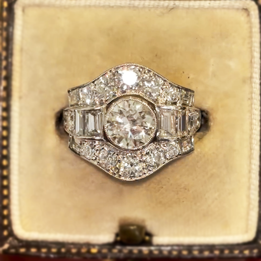 Art Deco 4 ctw Round & Emerald Cut White Gemstone Vintage Ring -JEWELBUYS