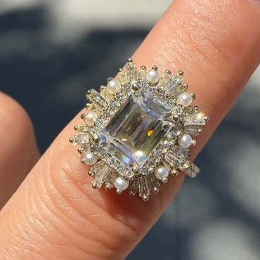 5.6ct Pearl Embellished Emerald Cut Diamond Ring - JEWELBUYS