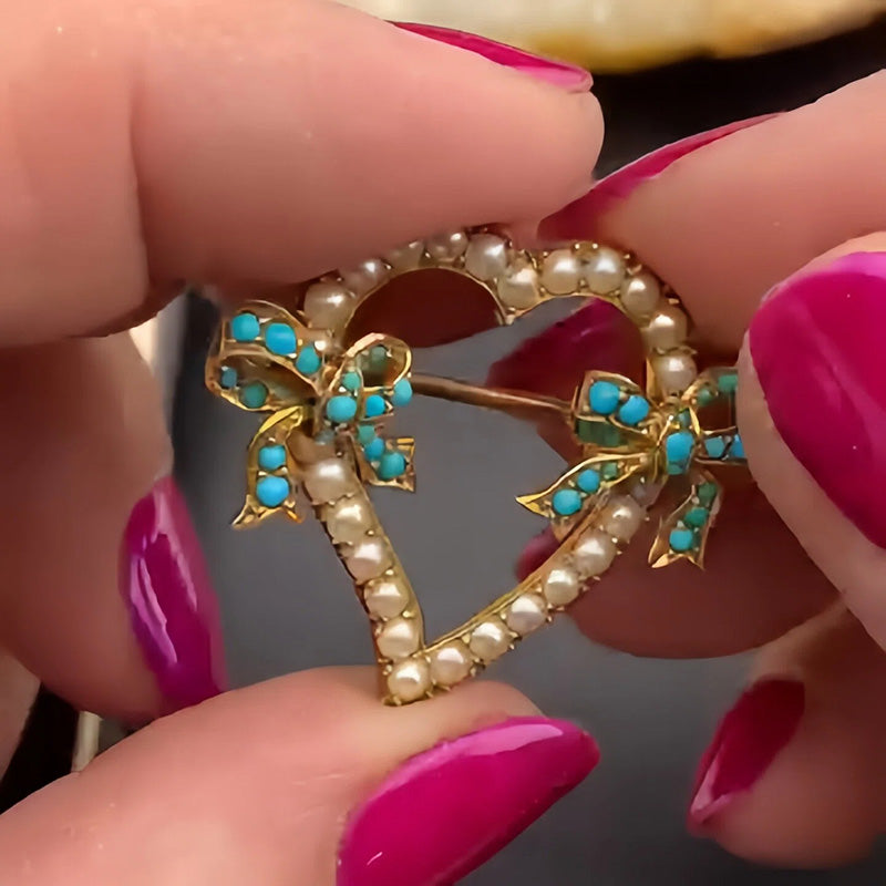 Pearl and Turquoise Heart and Bow Brooch-JEWELBUYS