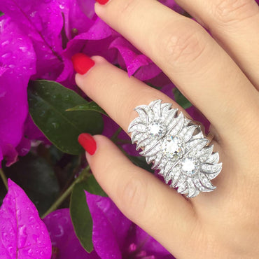 4.65Ctw Round White Sapphire Three-Stone Leaf Ring-JEWELBUYS