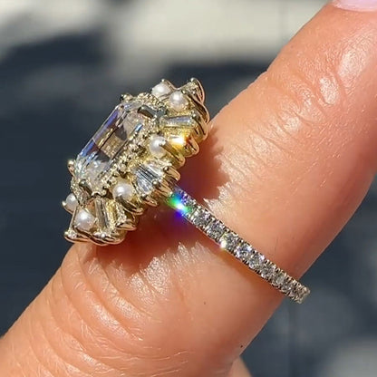 5.6ct Pearl Embellished Emerald Cut Diamond Ring - JEWELBUYS