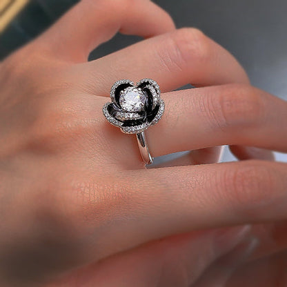 Unique 2 ctw Round Cut White Gemstone Black Camellia Ring -JEWELBUYS