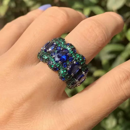 12ctw Blue Sapphire Oval Cut and Emearld Round Cut Two Tone Pave Set Ring-JEWELBUYS