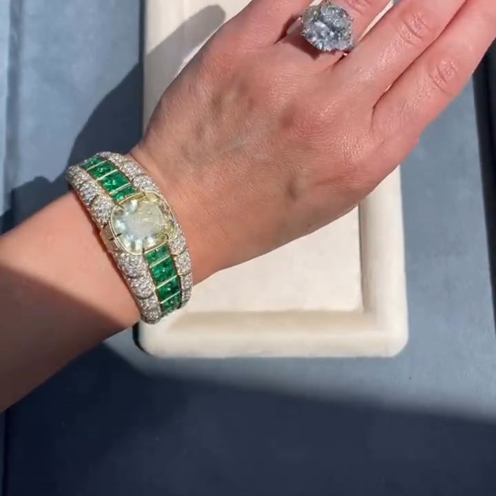 20Ctw Elegant and Dazzling Cushion-Shaped Fancy Yellow Emerald and Sapphire Bangle-JEWELBUYS