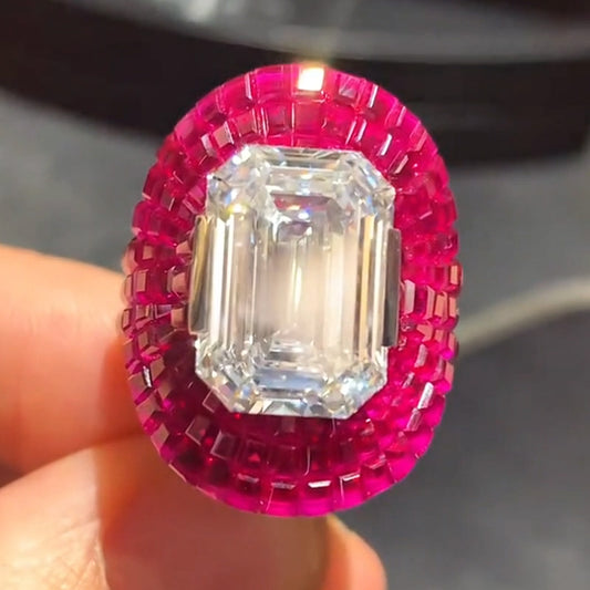 16 Ctw White Emerald Cut diamond Surrounded by Red Pavé Halo Ring - JEWELBUYS