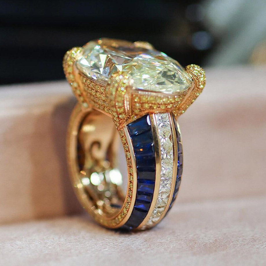 8.0ct Oval Cut Yellow and Blue Stones Ring -JEWELBUYS