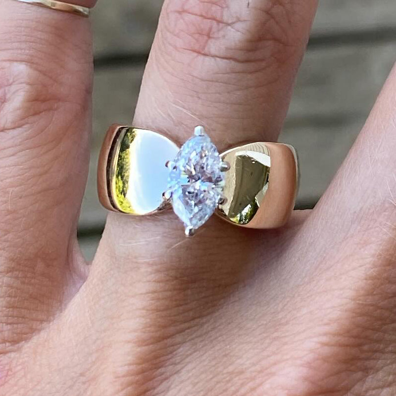 Vintage 1ct Marquise Cut White Sapphire Wide Band Women's Engagement Ring in Gold-JEWELBUYS