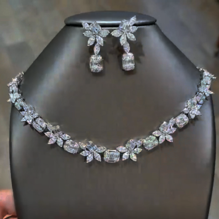 Elegant 30 ctw Multi-Cut White Gemstone Patchwork Earrings and Necklace Set -JEWELBUYS