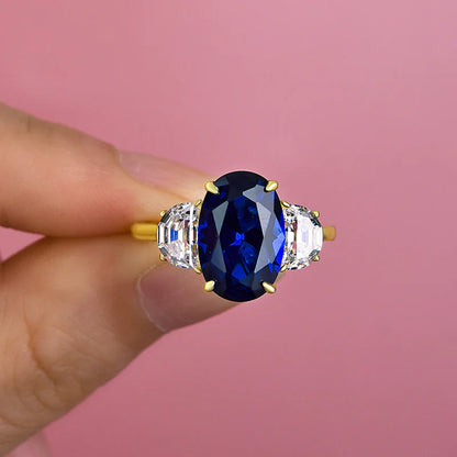 3.5ct Oval Cut Blue Sapphire Three Stones Engagement Ring-JEWELBUYS