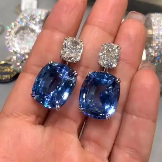 32ctw Cushion Cut Blue & Aquamarine Sapphire Dangle Earrings-JEWELBUYS