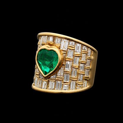 4.26Ctw Heart-Shaped Wide Engagement Ring with Emerald and Rectangular-Cut Sapphire-JEWELBUYS